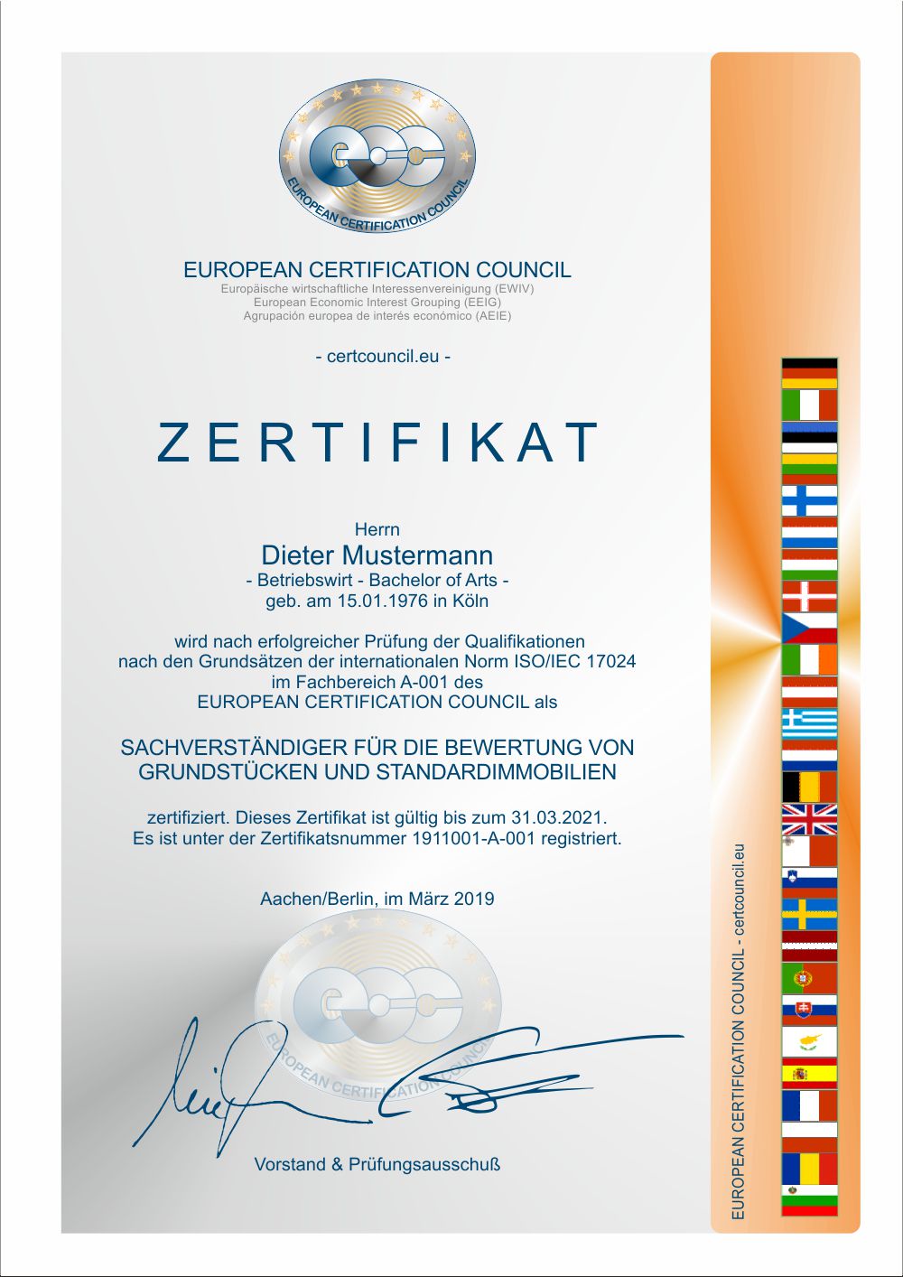 Zertifikat von EUROPEAN CERTIFICATION COUNCIL