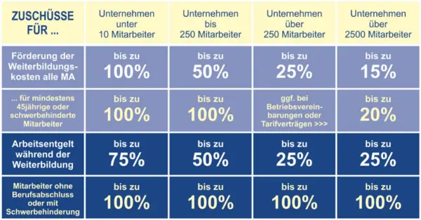 Tabellarische Übersicht über die Fördersätze je nach Unternehmensgröße und Mitarbeiterstatus
