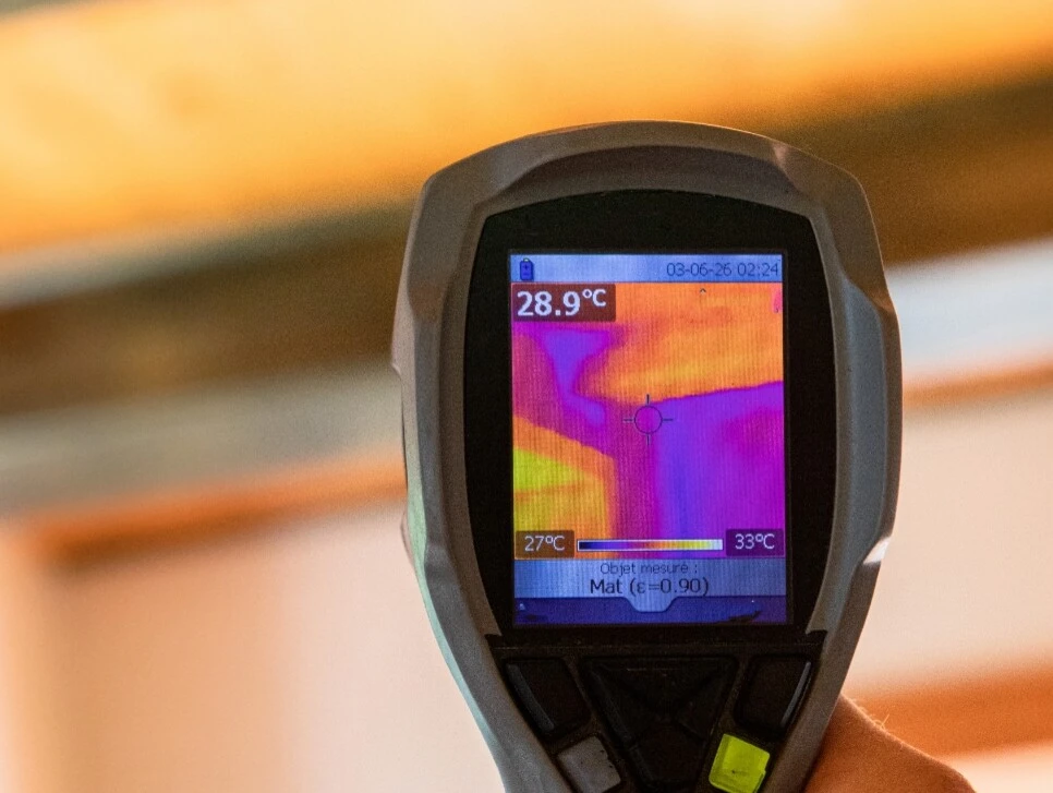 Hand hält ein Wärmebildkamera-Gerät, das die Temperaturverteilung an einer Decke anzeigt.